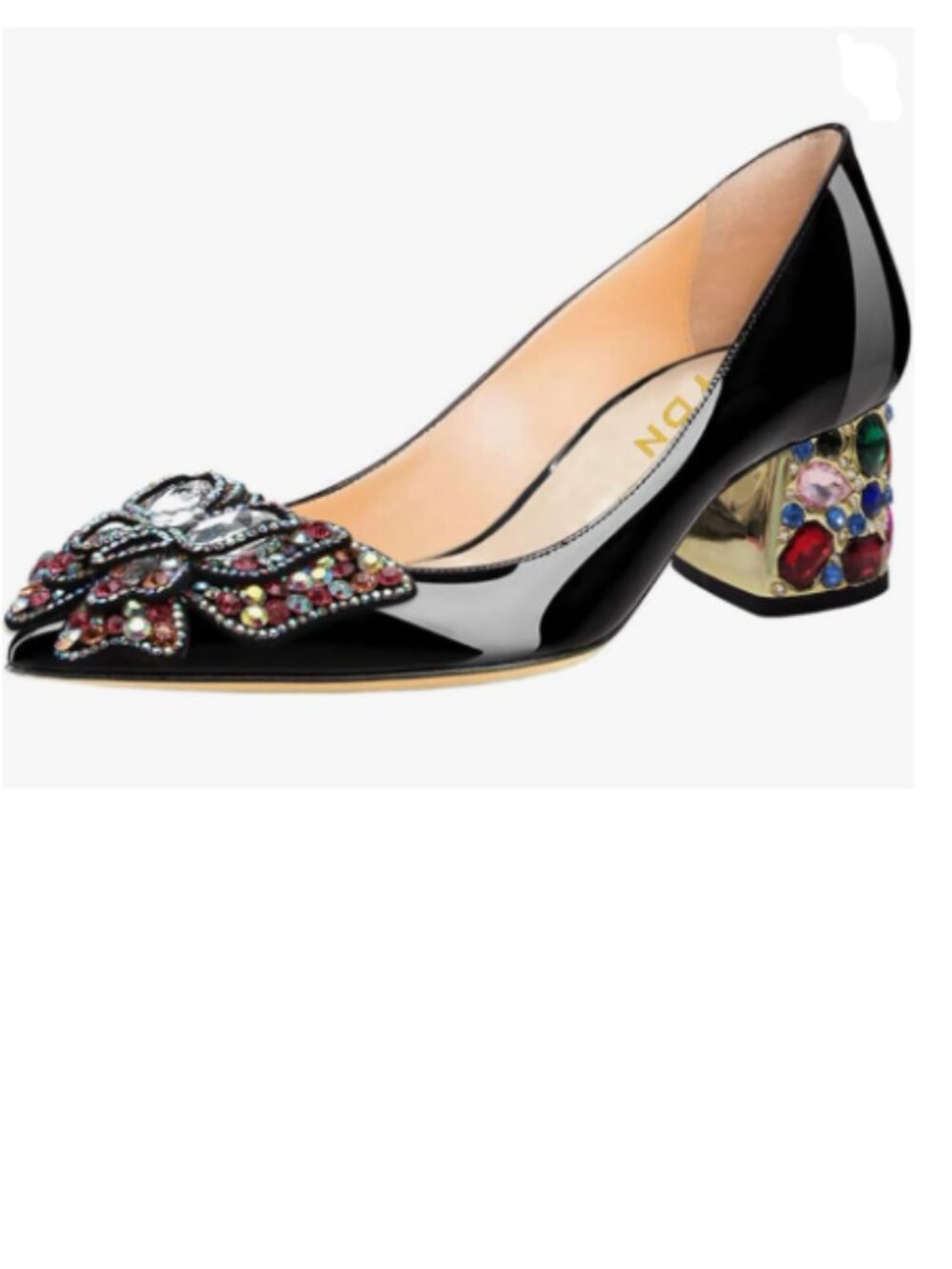 YDN Black Pointed Toe Bow Pump Colorful Rhinestone Block Low Heel Butterfly Shoe